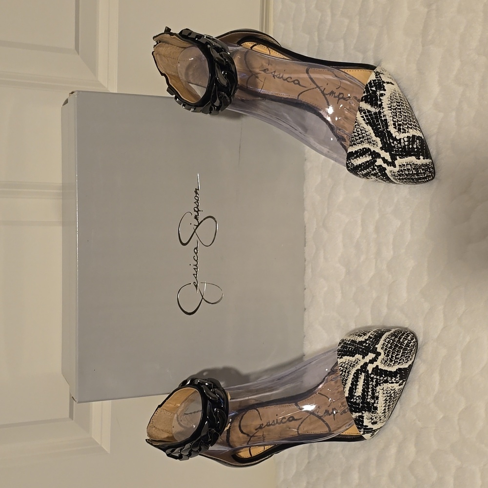 JESSICA SIMPSON WEELEE NATURAL WATERSNAKE ANKLE CHAIN HEELS